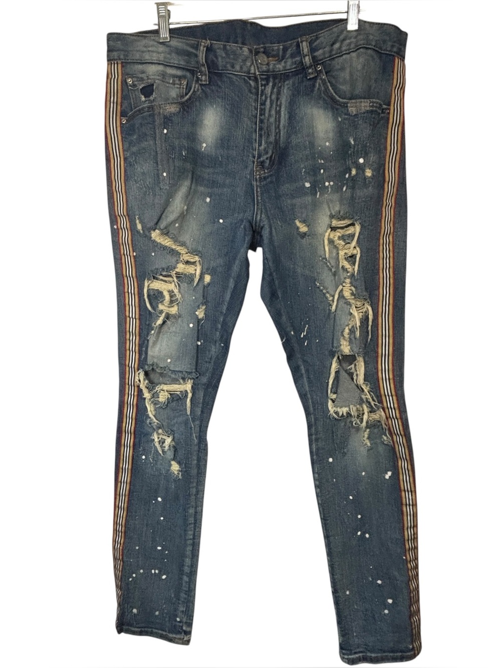 DOPE Men's Distressed Thrashed Paint Splatter Skinny Jeans Side Stripe 34 X 32